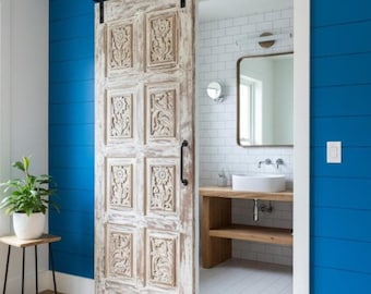 Vintage Lace Carved Floral Barn Door: Reclaimed Wood Custom Home Doors (80x36)