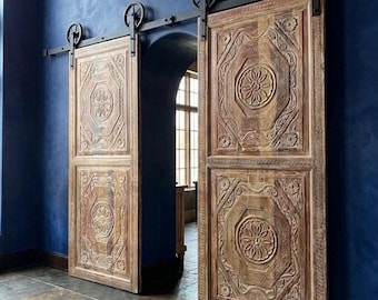 Vintage Wood Lotus Medallion Double Carved Doors, Rustic Farmhouse Sliding Barn Doors (96x36)