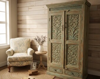 Antique Carved Wardrobe Armoire with Brass Studs, Rustic Green Cabinet, Vintage Indian Storage 72