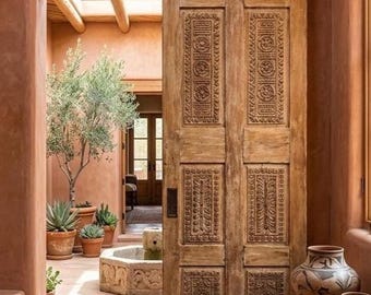 Antique Carved Wood Barn Door – Rustic Studs Farmhouse Pantry Statement Decor 80x27