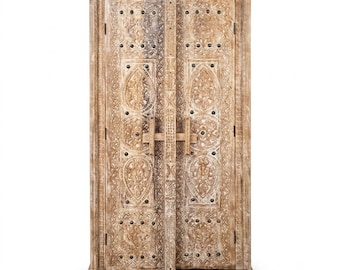 Mid Century Carved Cabinet Antique White Old World Armoire with Latch Home Office 80x44