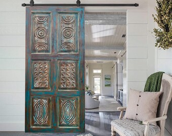 Hand Carved Door Reclaimed Solid Wood Blue Vintage Floral Carved Door Hinged Door Sliding Barn Decorative Pocket Closet or Pantry Door 80x36