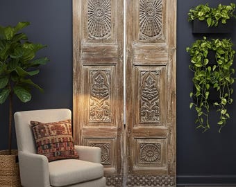 Antique Carved Teak Double Doors: Whitewashed Rustic Farmhouse Style (80x35in)