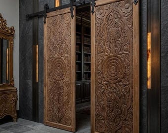 Vintage Lotus Carved Front & Back Doors, Solid Wood Farmhouse Sliding Barn Doors (96x36)