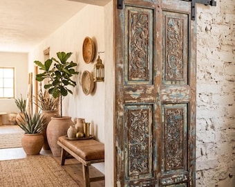 Floral Carved Solid Wood Door, Old Spanish Style Hinged or Sliding Barn Door (80x32.5)