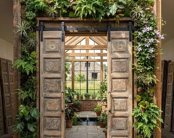 Antique Floral Carved Wood Double Doors Rustic Modern Hinged or Sliding Barn Doors 80x28