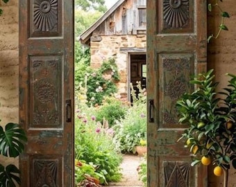 Antique Teak Door Panels | Distressed Patina | Hand-Carved Floral Double Barn Doors 80x32