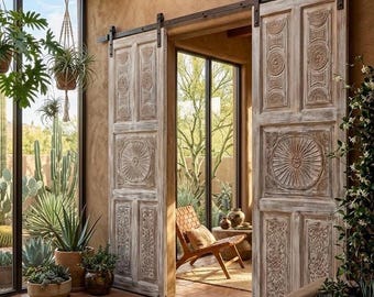 Vintage Whitewashed Carved Solid Wood Door | Rustic Farmhouse Hinged or Sliding Barndoors, 96x36