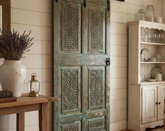 Carved Reclaimed Teak Wood Door: Rustic Blue Farmhouse Barn Door (80x38 inches)