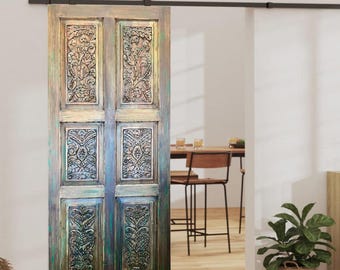 Vintage Bohemian Floral Carved Door with Nail Studs Reclaimed Solid Wood Farmhouse Style Single Interior Door Artistic Barn Door Panel 84x36