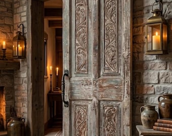 May include: A rustic, distressed wooden sliding door with ornate carved floral patterns. The door is mounted on a black metal track against a brick wall. Lanterns and candles provide warm lighting, creating a cozy, vintage aesthetic.