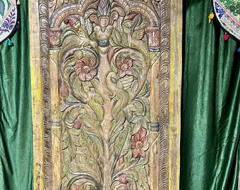 Tree Of Life Door Hand Carved Door Interior Barn Door Wall Sculpture Vintage Indian Carving Custom Artisan Barndoor 84x41in