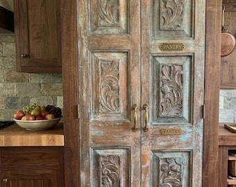 Antique Carved Wood Double Doors Blue Hinged or Sliding Pantry Barn Door 80x27.5 |