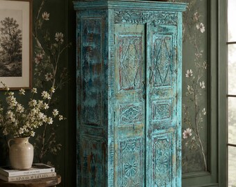 Antique Indian Armoire Carved Solid Wood Bluewash Cabinet Drawer Storage Statement Wardrobe 81x38