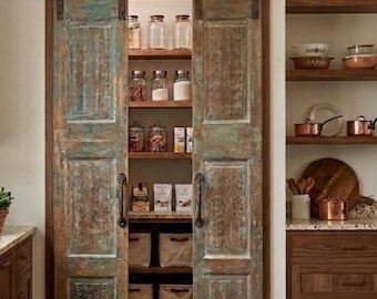 Vintage Carved Wood Double Doors, Pantry, Closet, Farmhouse Sliding Barn Doors (80x32)