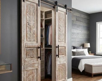 Antique Carved Solid Wood Double Doors: Sliding Barn Doors with Brass Stud Detail 80x36