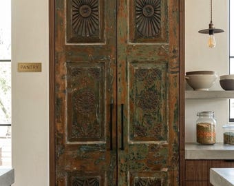 Antique Teak Door Panels | Distressed Patina Hand-Carved Floral Double Barn Doors 80x32