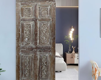 Antique Hand-Carved French Door | Solid Wood Door Sandwash | Vintage Single Door | Custom | Rustic Ranch | Interior Exterior Door 80x26.5in