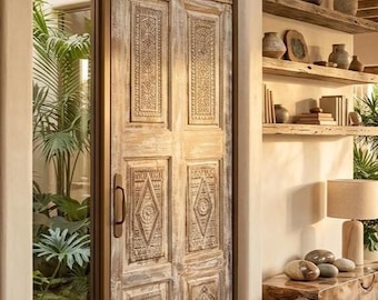 Antique Indian Wood Carved Door | Natural White Patina Single Barn Door | 80x34
