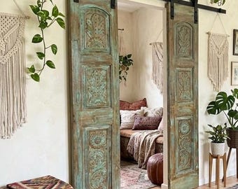 Antique Green Carved Wood Double Doors: Copper Studs Farmhouse Floral Barn Doors 80x35