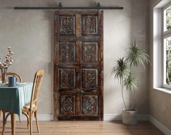 Vintage Artisans Carved Door Bohemian Floral Hand Carved 4 Panel Door Reclaimed Solid Wood Farmhouse Interior Door Artsy Barn Door 80x36