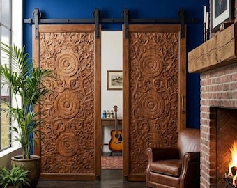 Hand Carved Front & Back Solid Wooden Doors: Lotus Entry Doors, Hinged or Sliding Barndoors 80x36in