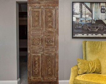 Antique Hand-Carved Door | Solid Wood Door Sandwash | Vintage Single Door | Custom | Rustic Ranch | Unique Interior Exterior Door 80x27in