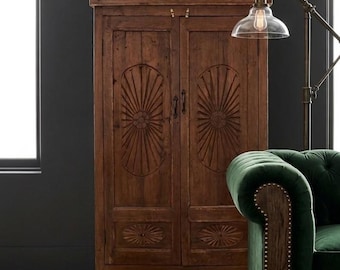 Antique Teak Wood Armoire Sunburst Carved Cabinet