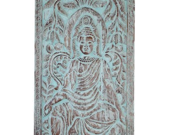 Vintage Blue Buddha Hand Carved Wall Art Panel Interior Barn Door Wall Sculpture Indian Carving Custom Artisan Barndoor 83x36in