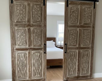 Hand-Carved Birds on Tree Door: Reclaimed Wood Custom Vintage Home Doors (80x36)