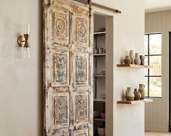 Antique Hand Carved Wood Door, Farmhouse Entry Whitewashed Floral Panel Sliding Door 80x36
