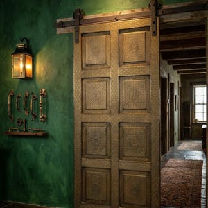 May include: A gold-colored, textured sliding barn door with a dark metal track. The door is divided into eight square panels. A green wall with a lantern and decorative hardware is to the left. The door opens to a hallway with a rug.