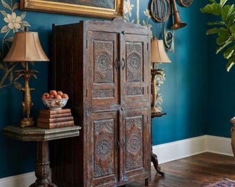 Antique Indian Lotus Carved Armoire with 4 Doors, Distressed Blue Accent Cabinet 70x36