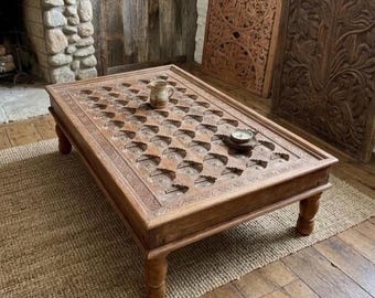 Antique Carved Jharokha Coffee Table: Reclaimed Indian Door, Rustic Brass Accents 54x37