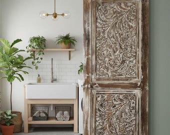 Vintage Botanical Carved Wood Door | Organic Floral Single Sliding Barndoor 78x36