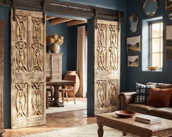 Spanish Style Carved Wood Doors: Rustic Modern Whitewash Sliding Barn Doors, 80x30in