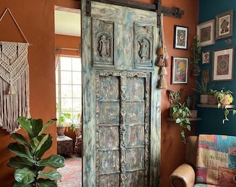 Antique Indian Raja Rani Door: Rustic Modern Atrium Sliding Barn Door 84x40