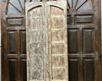 Antique Hand-Carved Teak Double Doors | Boho Barn Door with Rustic White Patina | Vintage Statement Office Door | Rustic Ranch Farmhouse 82