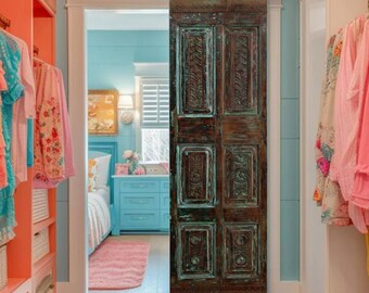 Antique Hand-Carved Door | Boho Solid Wood Door Rustic Green | Vintage Pantry Closet Door | Unique Custom Door | Rustic Farmhouse 80x23.5in