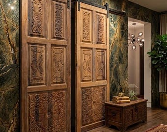 Vintage Floral Carved Solid Wood Doors: Rustic Oldw World Style Barn Doors, 96x36