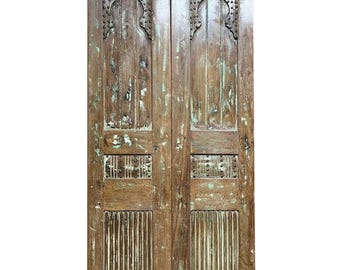 Antique Carved Teak Double Doors: Rustic Brass Studs Farmhouse Barn Doors 80x32
