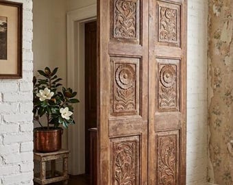 Antique Floral Carved Wood Double Doors:  CUSTOM SIZE Hinged or Barndoors 80x35