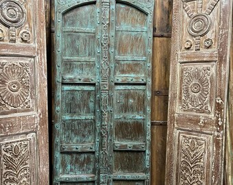 Antique Teal Hand-Carved Teak Door Panel | Boho Barn Door with Rustic Accents | Vintage Statement Wall Decor | Rustic Farmhouse 81in