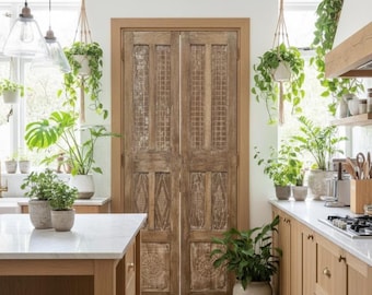 Vintage Carved Wood Double Doors – Rustic Natural Wooden Barndoors Organic Decor 80x33
