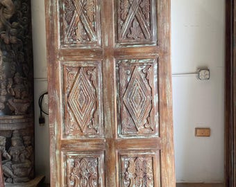 Vintage Bohemian Floral Hand Carved Door Reclaimed Solid Wood Vintage Green Wall Art Single Interior Door Artsy Decorative Barn Door 84x36