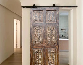 Hand-Carved Antique Barn Door Floral Brown Custom Reclaimed Wood Entry Doors Interior Exterior Rustic Farmhouse Single Door Panel 80x36