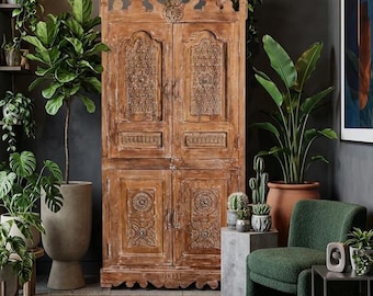 Antique Carved Armoire Cabinet 4 Door Solid Wood Wardrobe Brass Studded Vintage Furniture 77x38