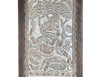 Hand Carved Ganesha Lotus Sculpture: Reclaimed Wood Indian Temple Barndoor 84x43