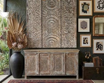 Antique Whitewashed Wooden Sideboard Buffet : Sunburst Carved Wood Brass Studs Credenza Cabinet 70x36