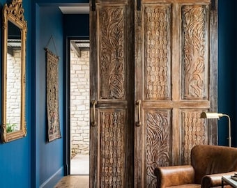 Vintage Sculptural Carved Wood Entry Doors: Home Office Library Farmhouse Barn Doors 96x36